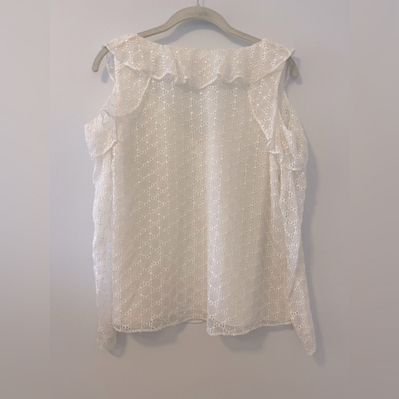 Club Monaco Silk Eyelet Long Sleeve V Neck Ruffle Top in White - M - Picture 6 of 7